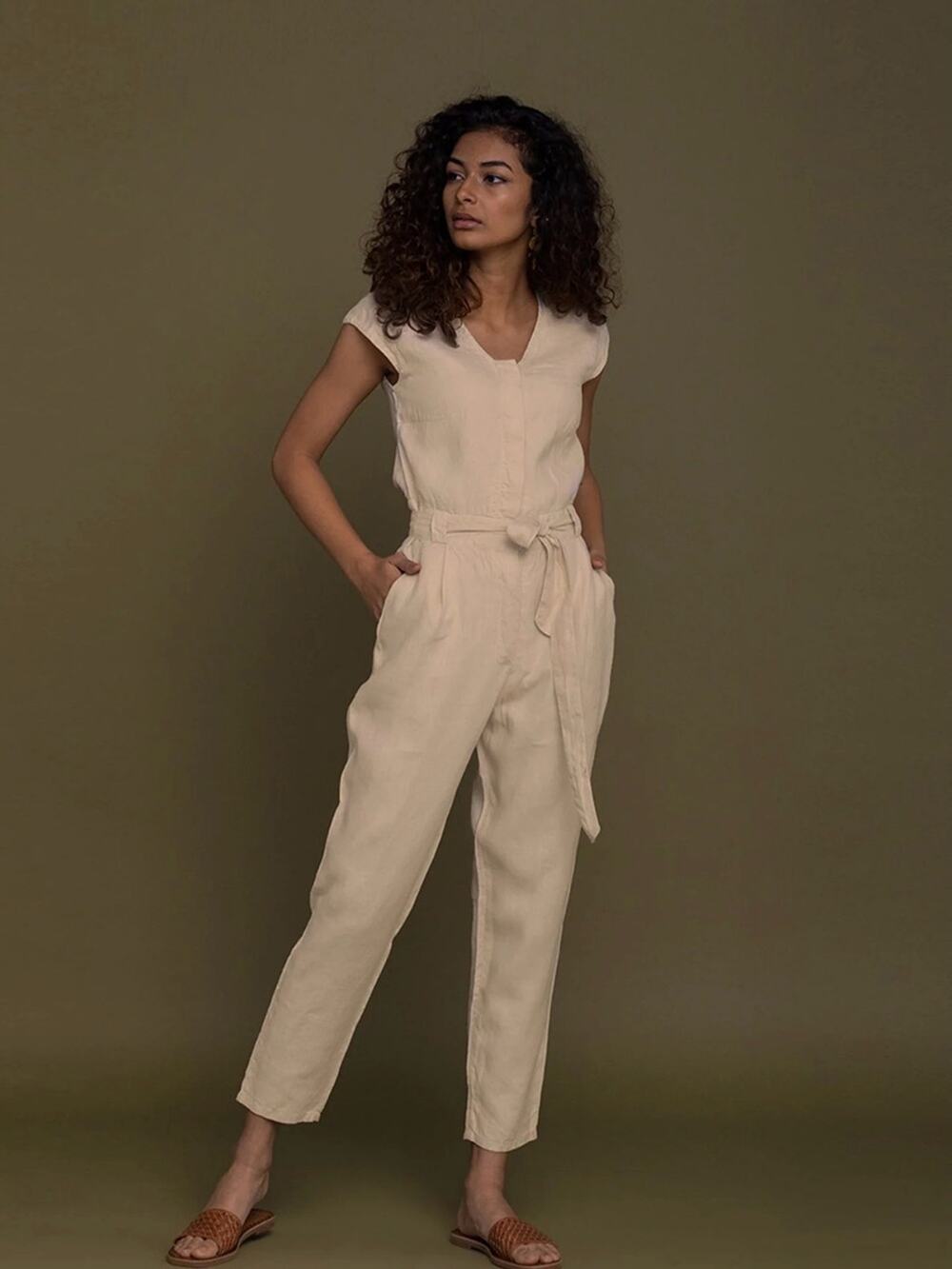 Reistor Evening Chai Hemp Tencel Jumpsuit NWT Sand Beige Tie Waist Medium